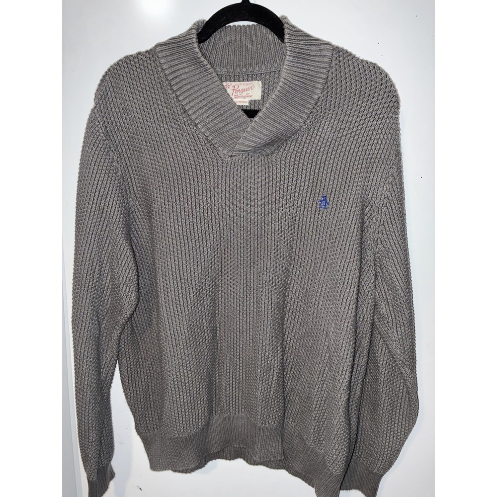 Penguin By Munsingwear Mens XL V-Neck Sweater LOGO Textured Waffle Knit Gray